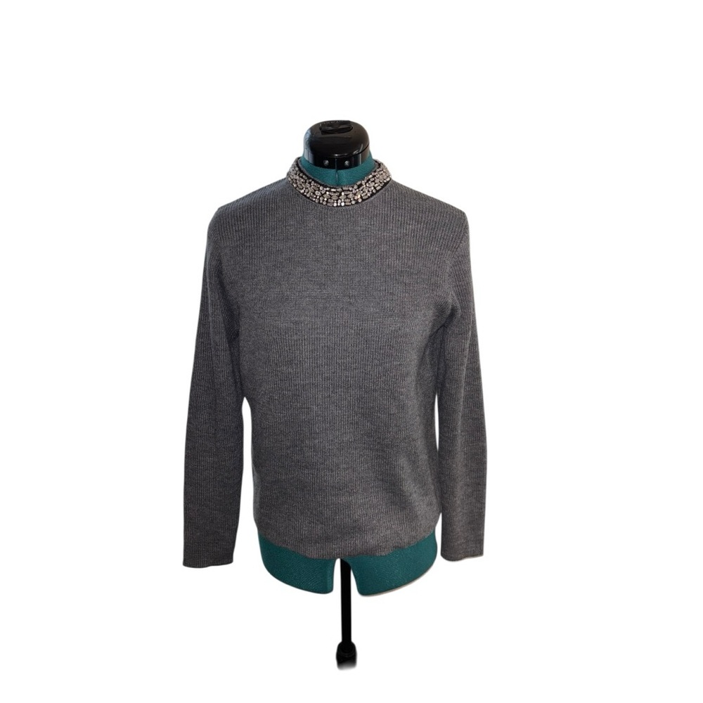 DREW Charcoal Crewneck Sweater with Embellished Neckline
